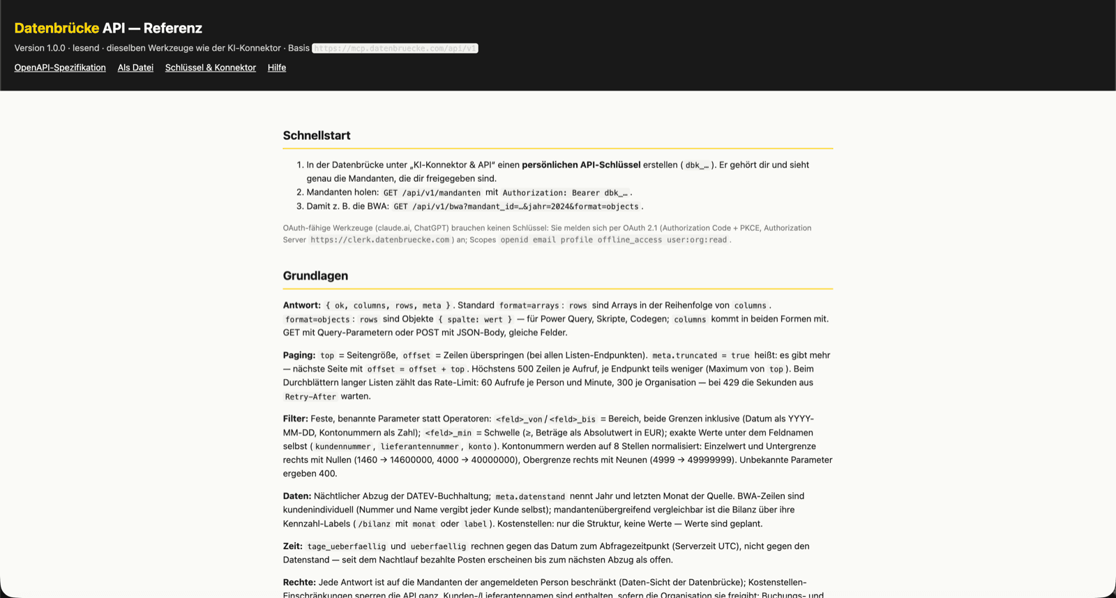 Die API-Referenz der Datenbrücke: Schnellstart, Paging, Filter und der Hinweis auf den nächtlichen DATEV-Abzug