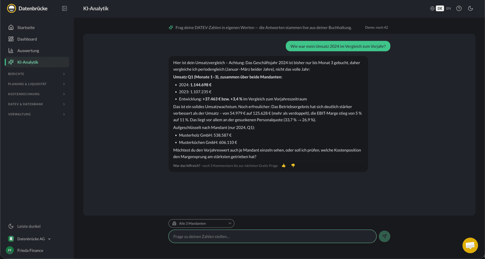 Portfolio-Kennzahlen aus DATEV über mehrere Beteiligungen mit KI-Kommentar