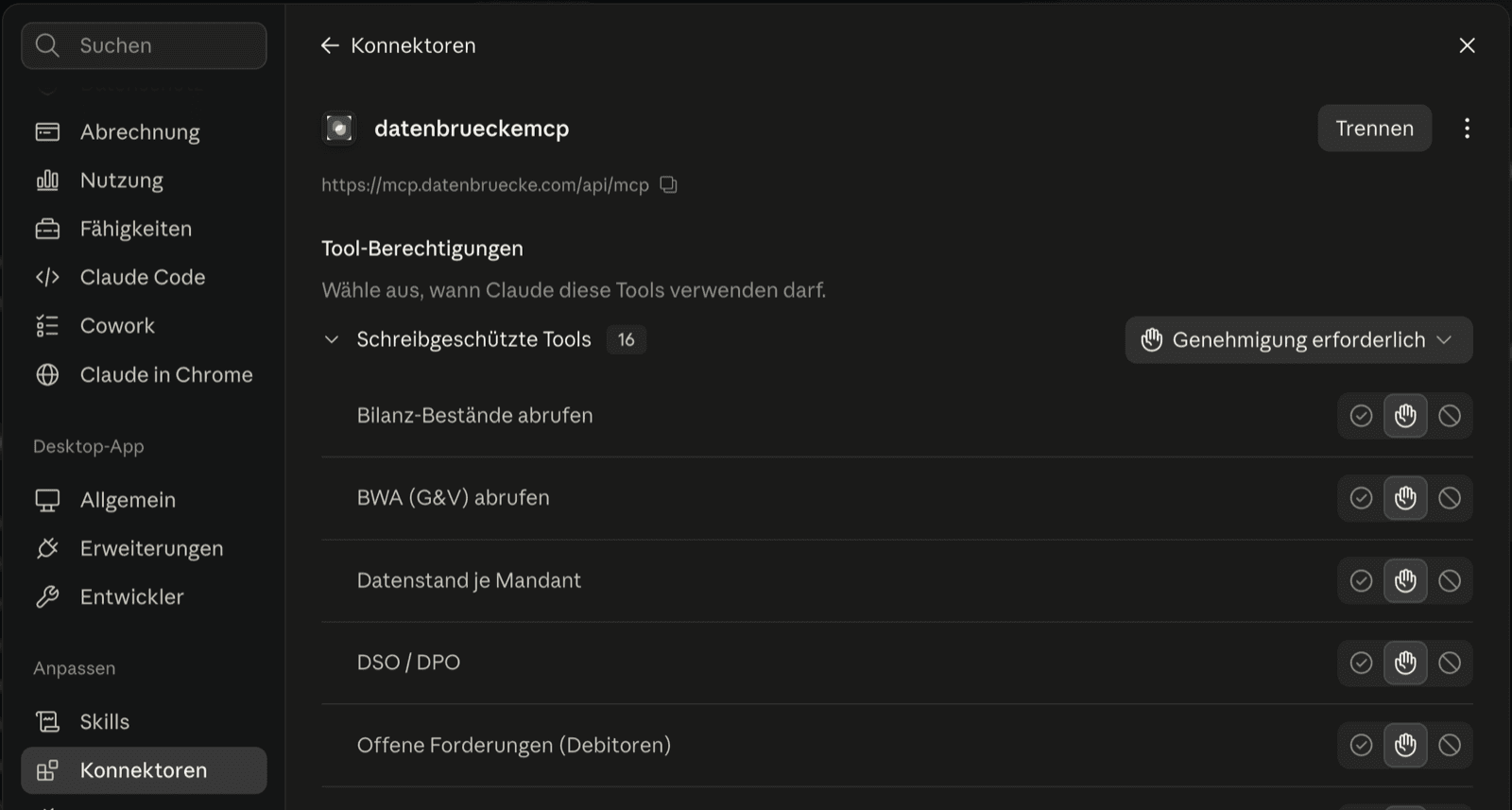 Der Datenbrücke-Konnektor in den Einstellungen von Claude: sechzehn schreibgeschützte Werkzeuge, jedes einzeln freigebbar